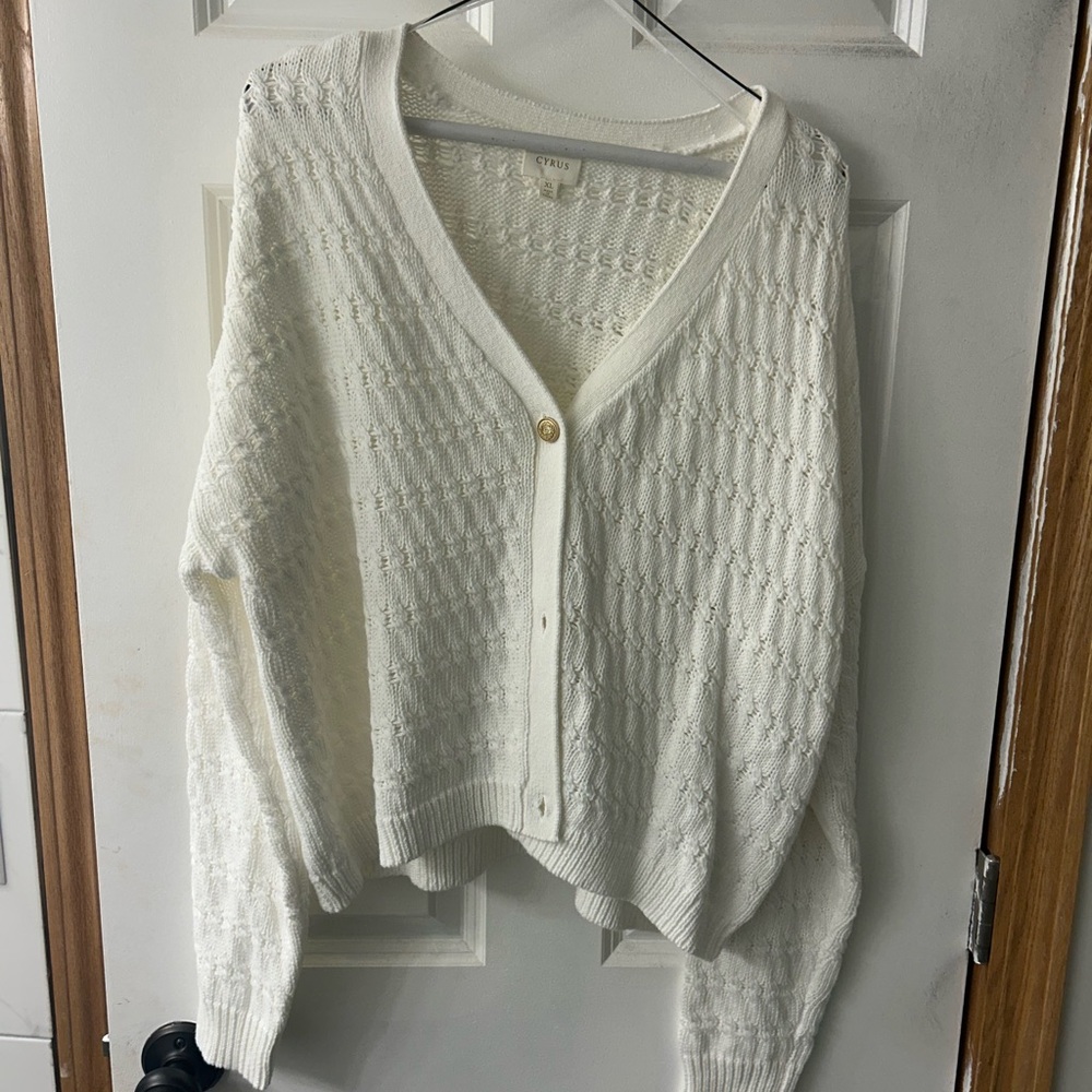 Cyrus White Cable-Knit Cardigan Sweater